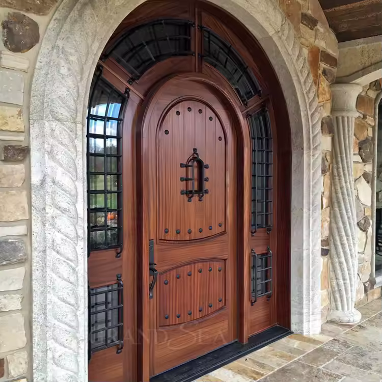 Close-up of wood front door with dark handle