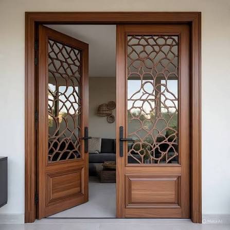 Modern warm wooden front door with glass sidelights
